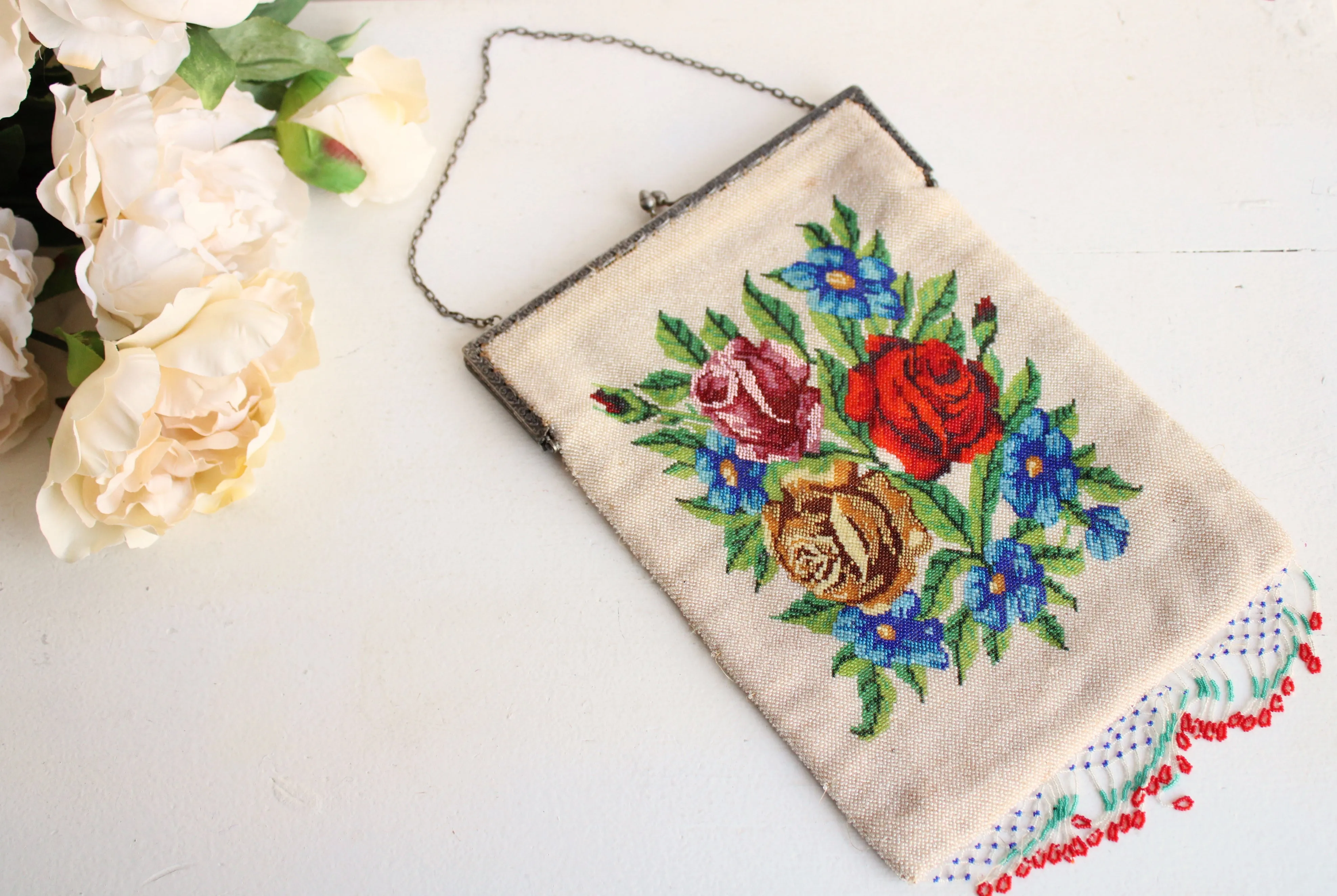 Antique 1910s Rose Microbeaded Bag