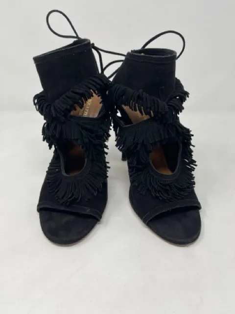 Aquazzura 36 Black Suede Leather Fringe Sandals 1-416-61321