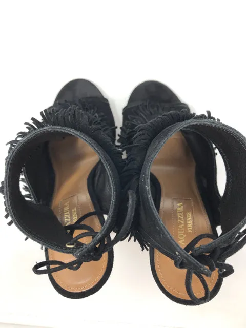 Aquazzura 36 Black Suede Leather Fringe Sandals 1-416-61321