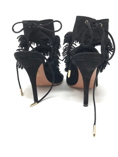 Aquazzura 36 Black Suede Leather Fringe Sandals 1-416-61321