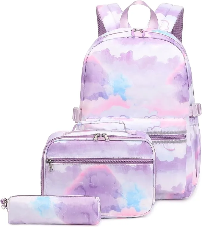 Backpack, Lunchbox & Pencil Bag Set, Purple Clouds