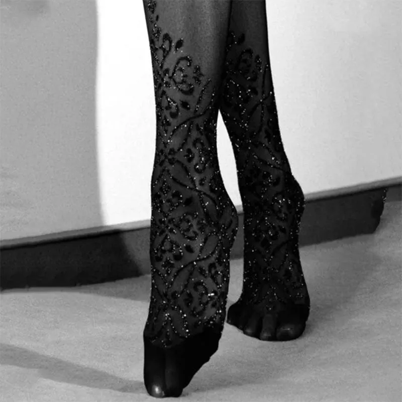 Ballerina Black Secret Sheer Ornate Floral Hold Ups