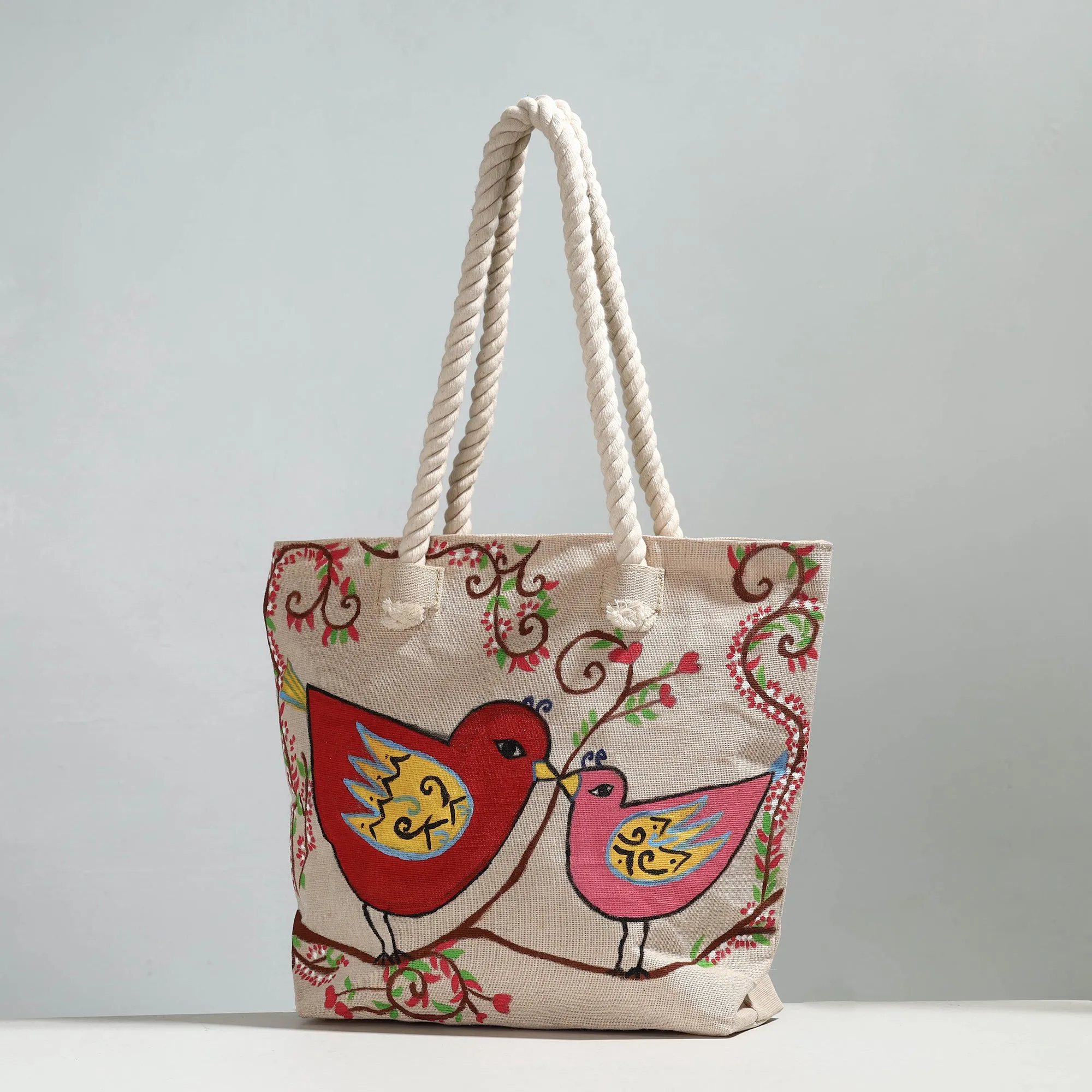 Beige - Birds - Handpainted Jute Cotton Shoulder Bag