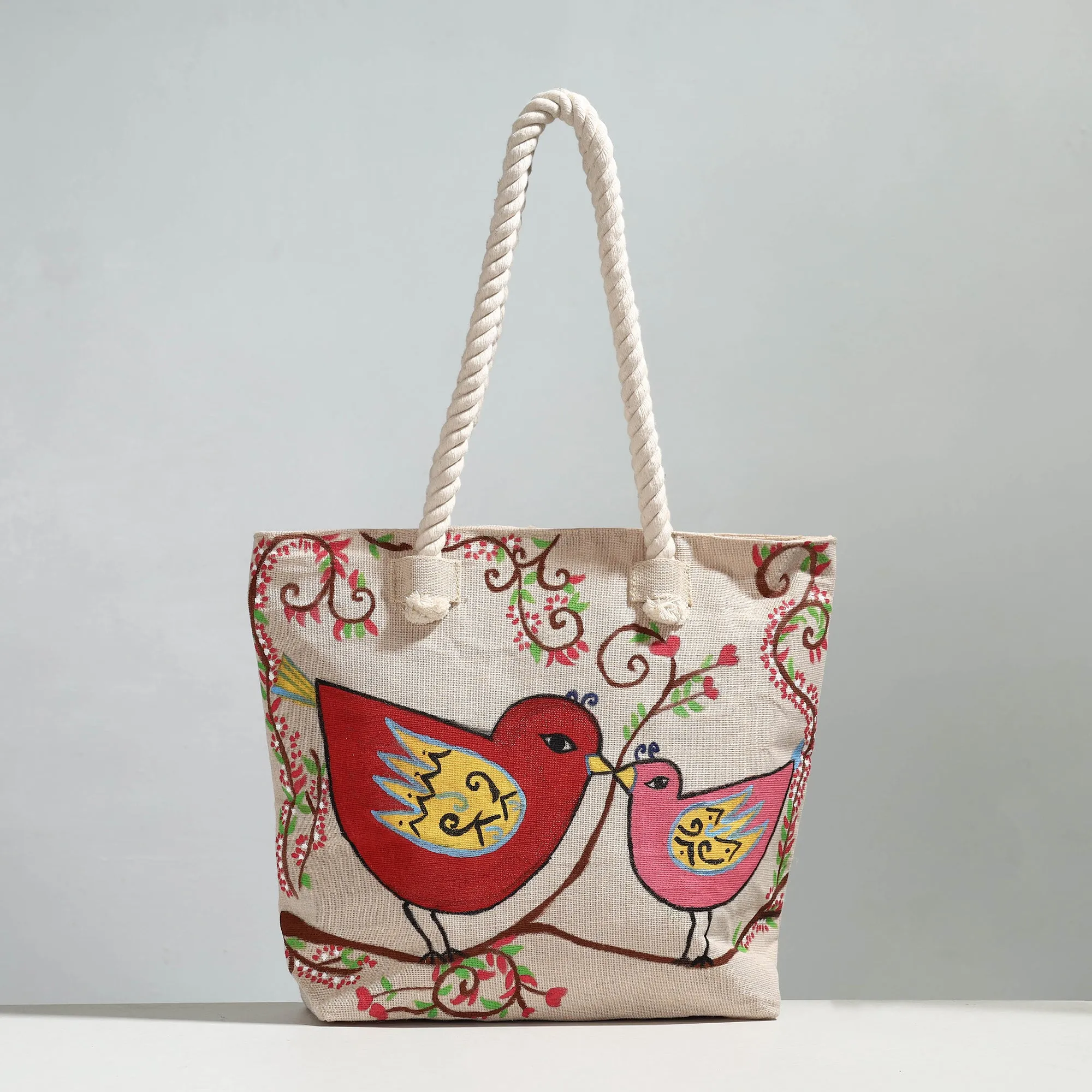 Beige - Birds - Handpainted Jute Cotton Shoulder Bag