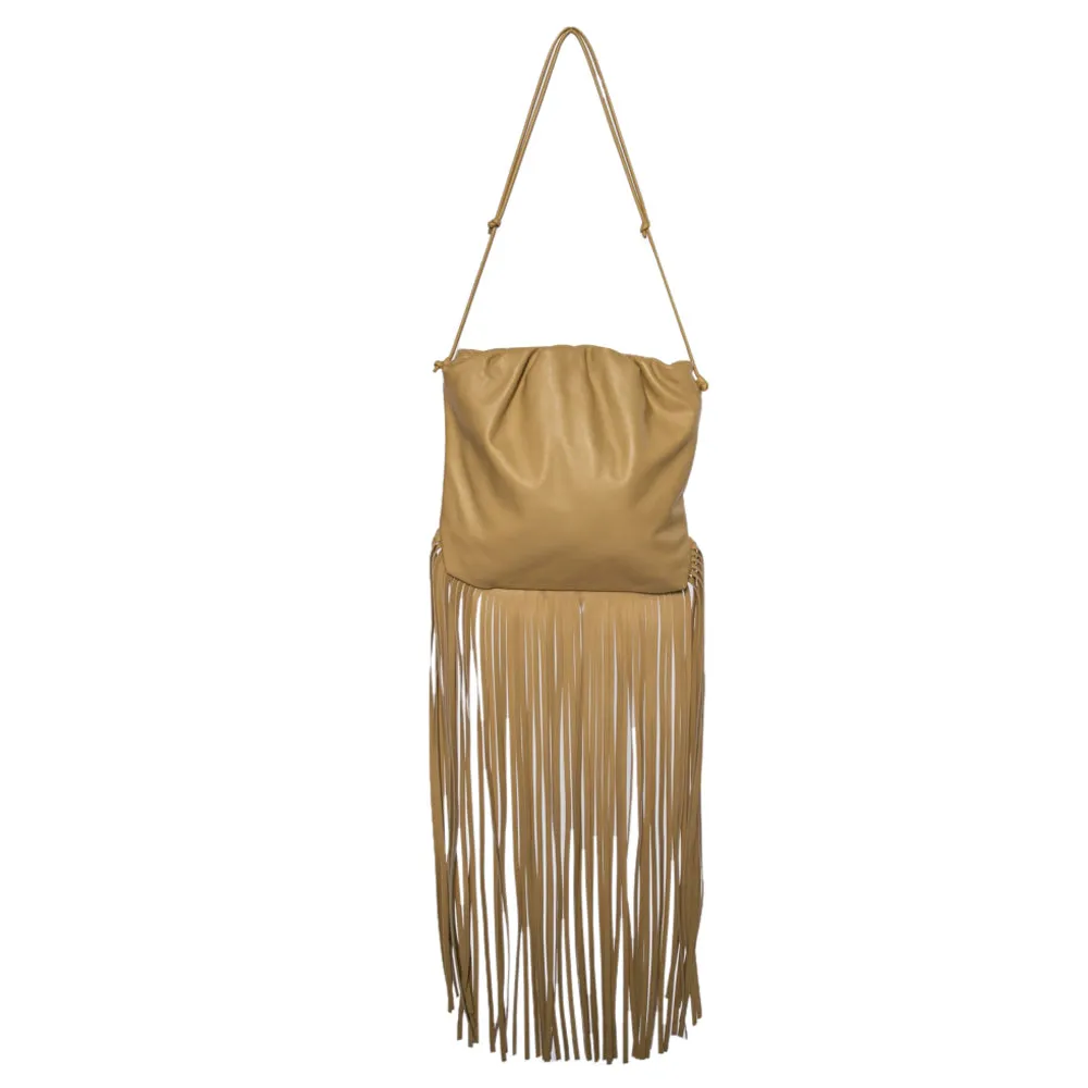 Beige Leather Fringe Pouch Hobo