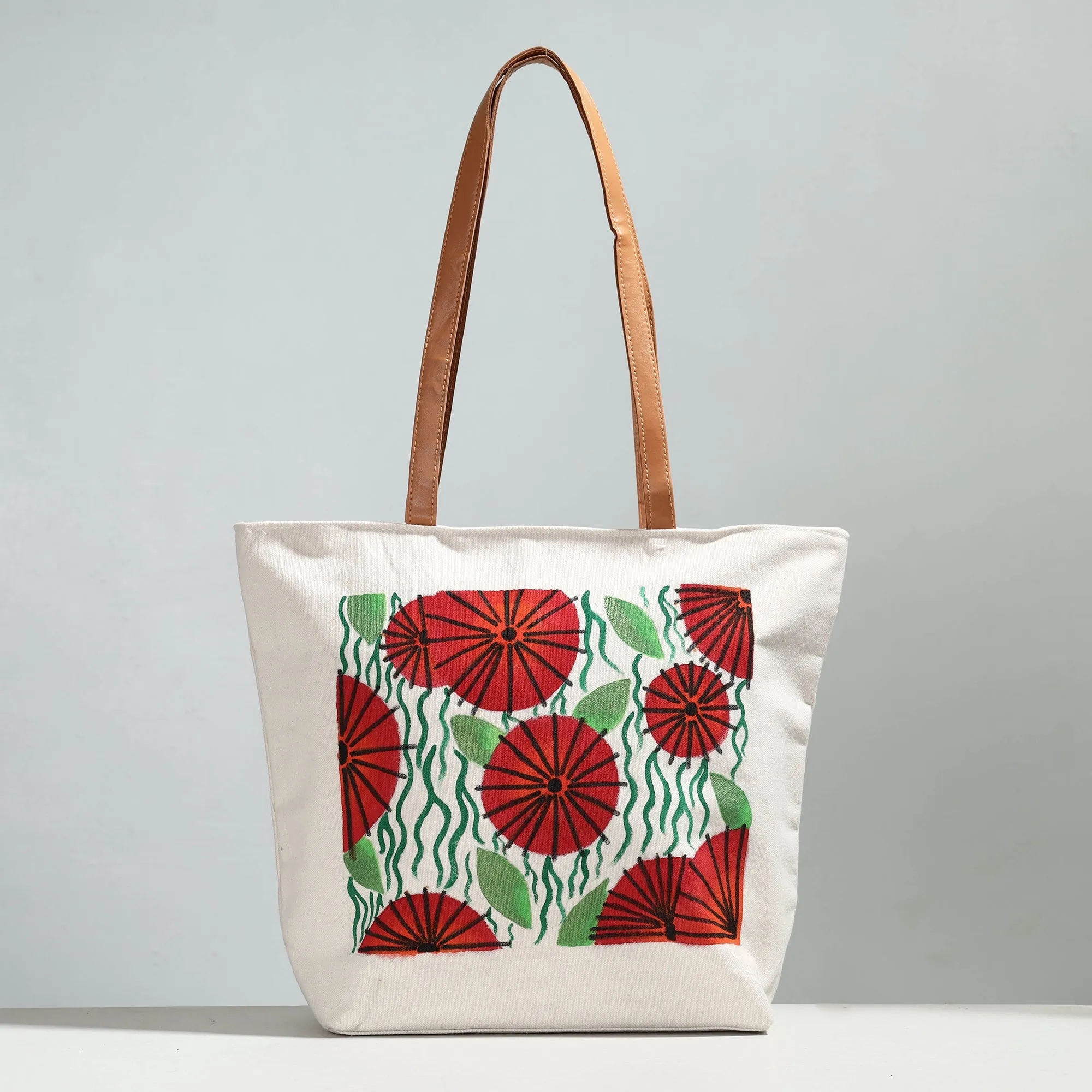 Beige - Red Flower & Green Foliage - Handpainted Canvas Cotton Shoulder Bag