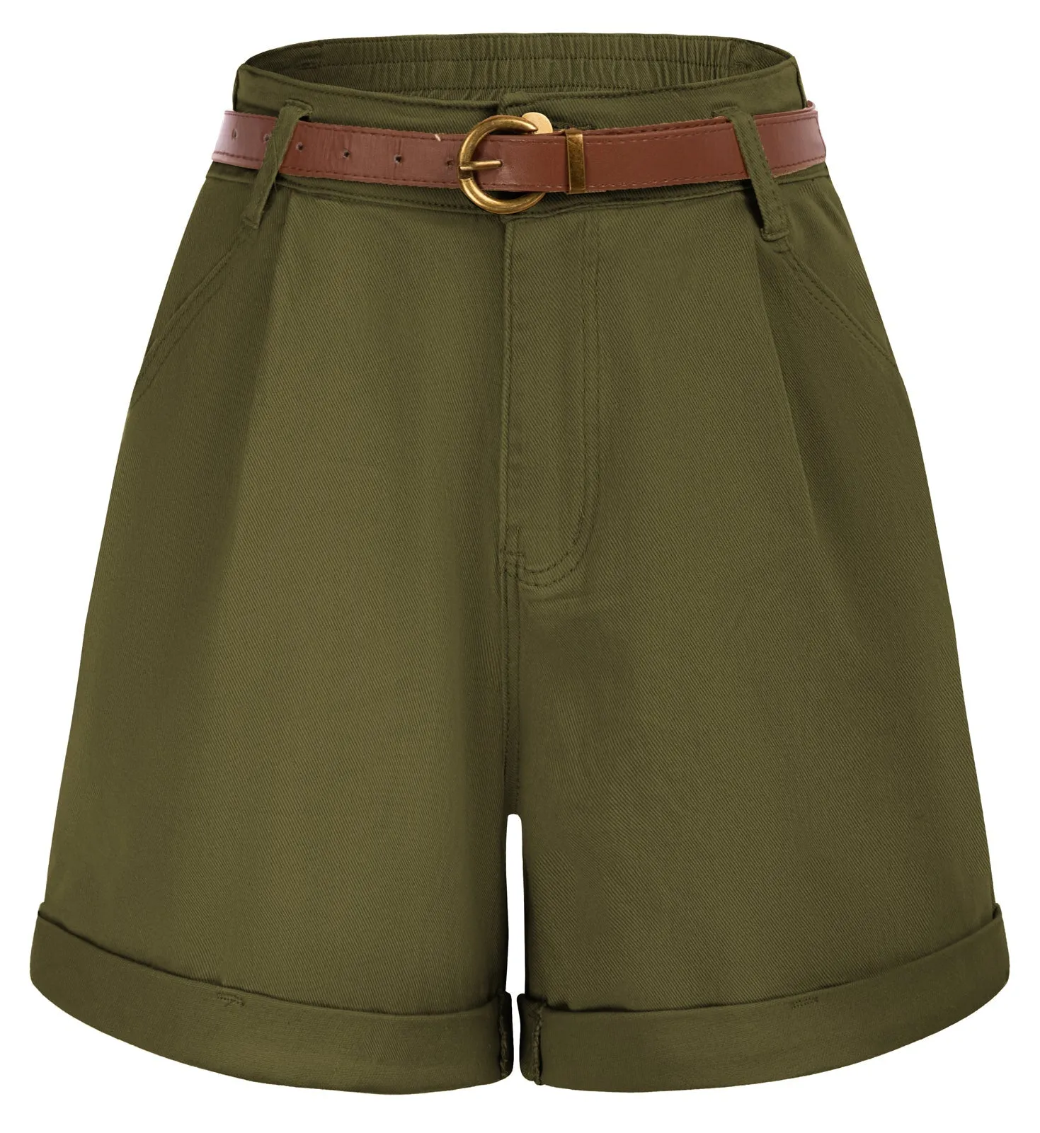 Bermuda Shorts Elastic Waist Wide Leg Shorts with Pockets & Belts