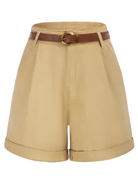 Bermuda Shorts Elastic Waist Wide Leg Shorts with Pockets & Belts