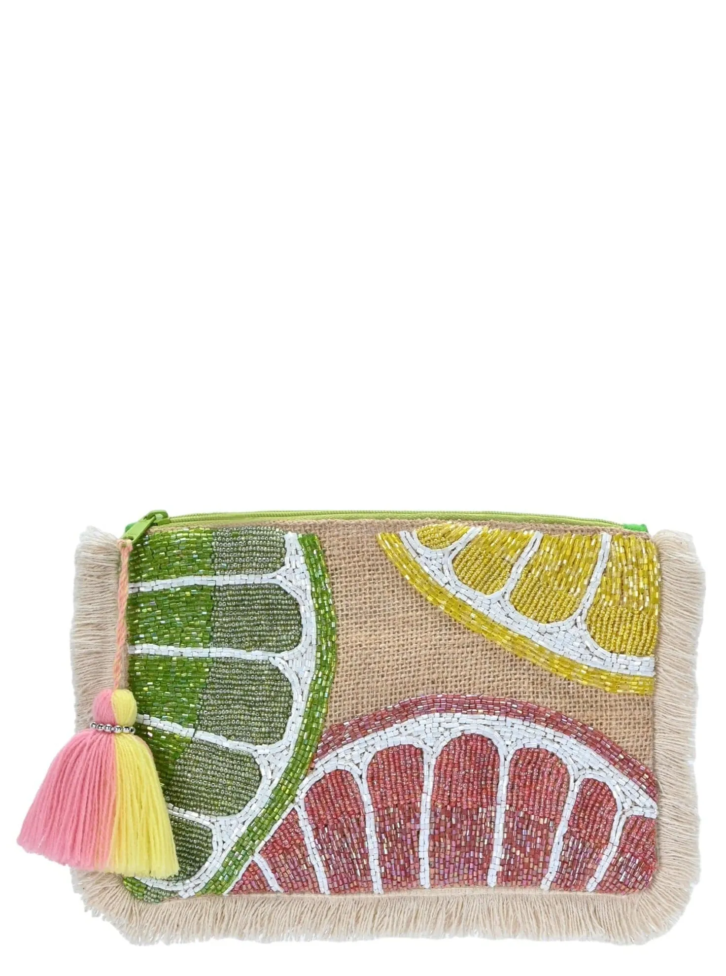 BGAIN255 Jute Handbeaded Fruit Fringe Pouch With Tassel