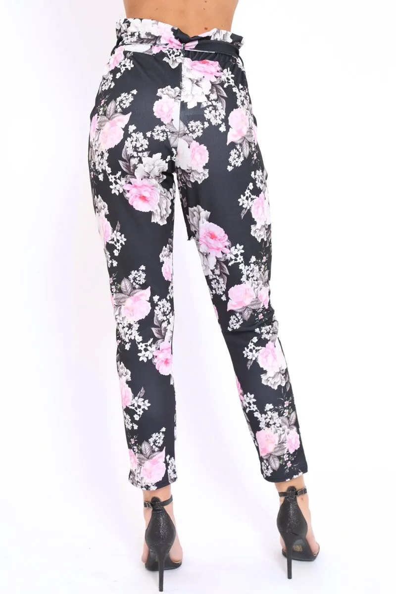 Black Floral Paper Bag Tie Waist Cigarette Trousers - Jana