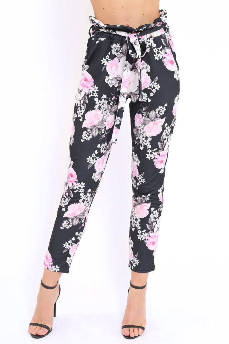 Black Floral Paper Bag Tie Waist Cigarette Trousers - Jana