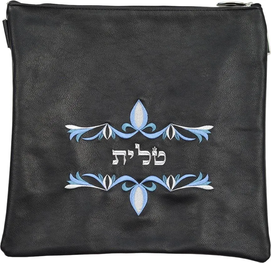 Black Leather Tallis and Tefillin Bag with a double swirl 170A-SG