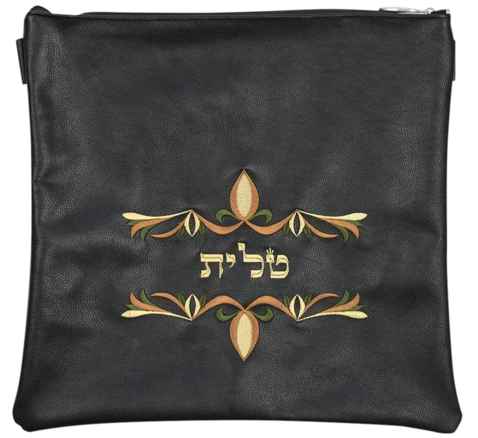 Black Leather Tallis and Tefillin Bag with a double swirl 170A-YG