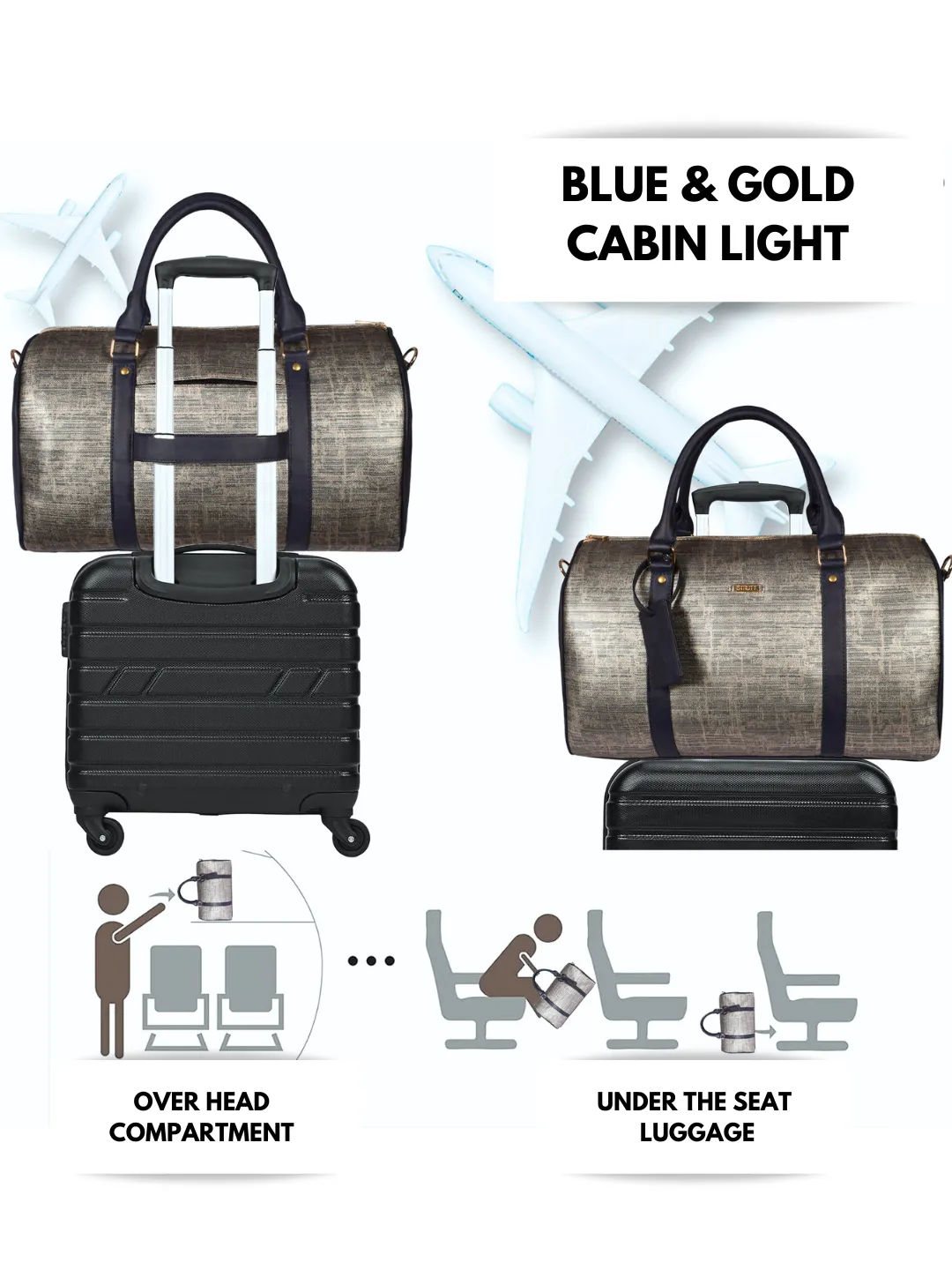 Blue & Gold Cabin Bag with Toiletry Kit - Carry on Luggage