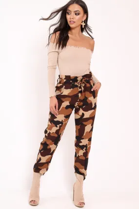 Brown Camo Paper Bag Tie Waist Trousers - Ryana