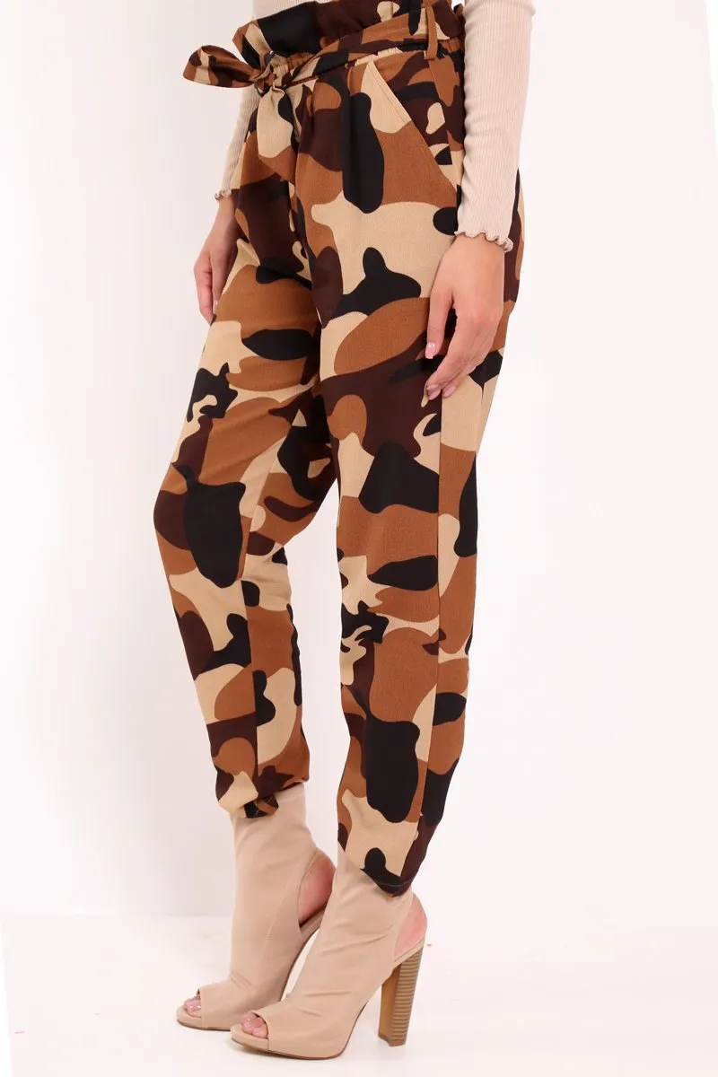 Brown Camo Paper Bag Tie Waist Trousers - Ryana