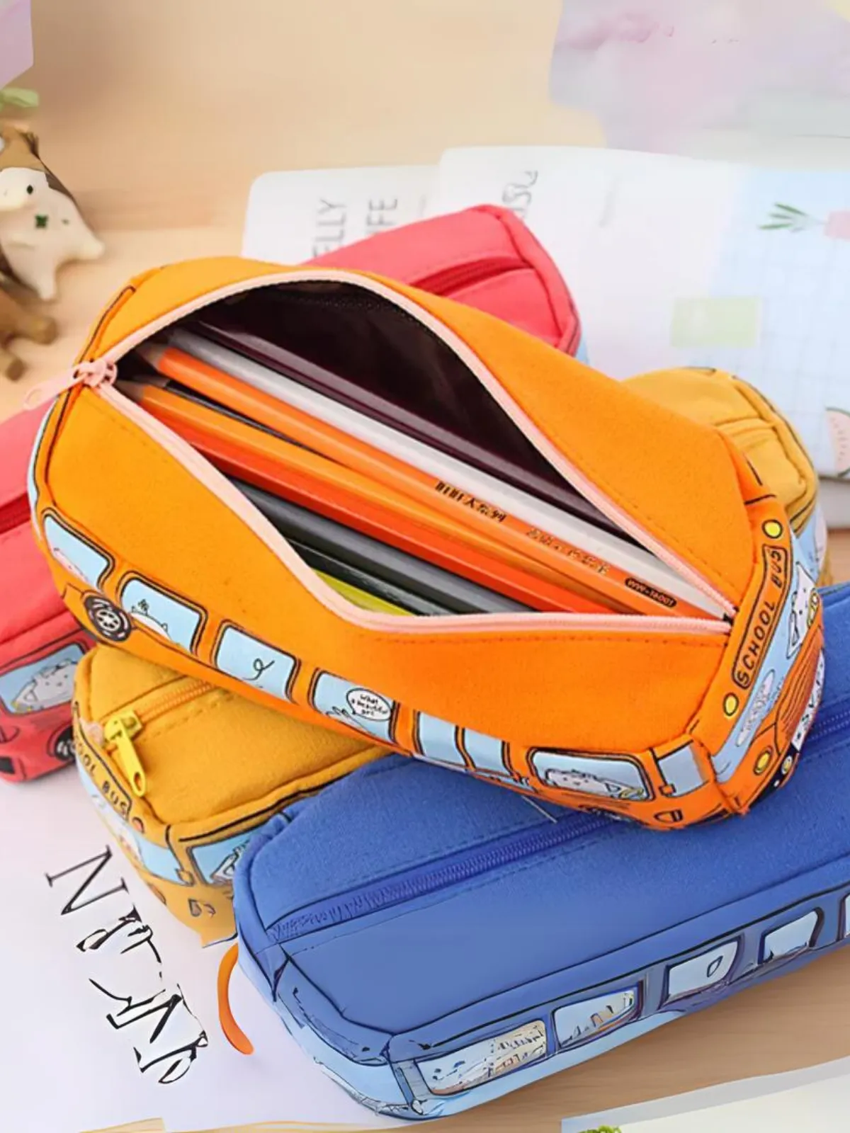 Cartoon School Bus Pencil Case - Fun and Spacious Stationery Organizer