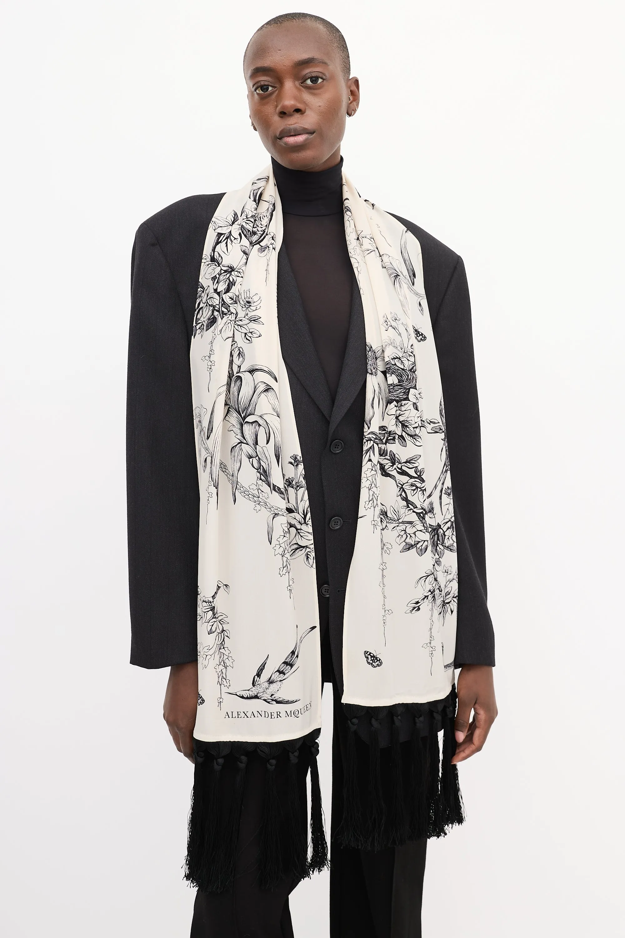 Cream & Black Floral Branch Fringe Scarf