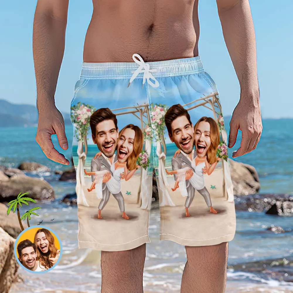 Custom Couple Face Beach Shorts Personalized Wedding Swim Trunks Funny Gifts For Boyfriend