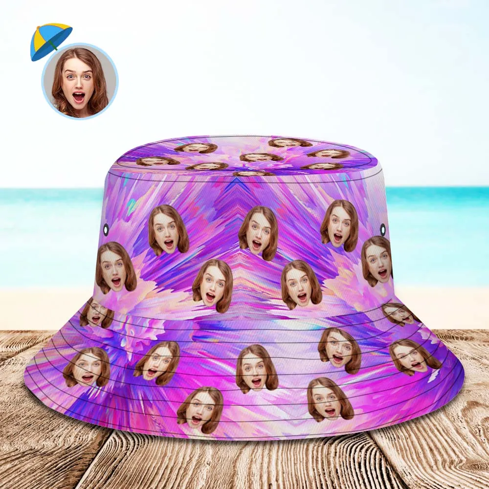 Custom Photo Bucket Hat Unisex Personalised Face Hiking Beach Sports Hats Purple and Pink Abstract Texture