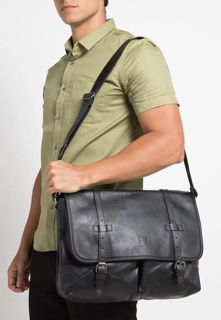 Distressed Leather Nomad Messenger Bag - Black