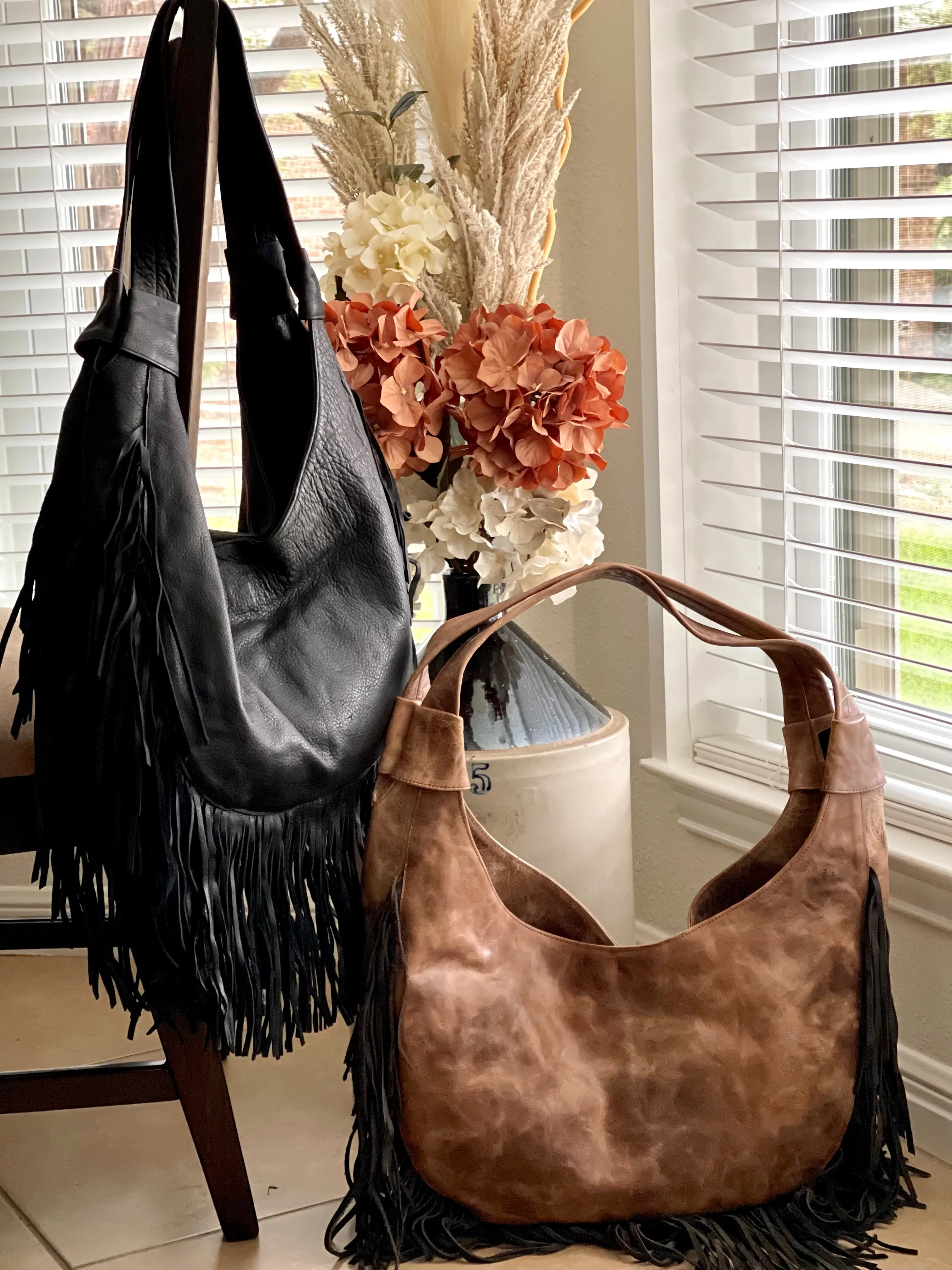 Double-Strap Black Leather Fringe Shoulder Bag