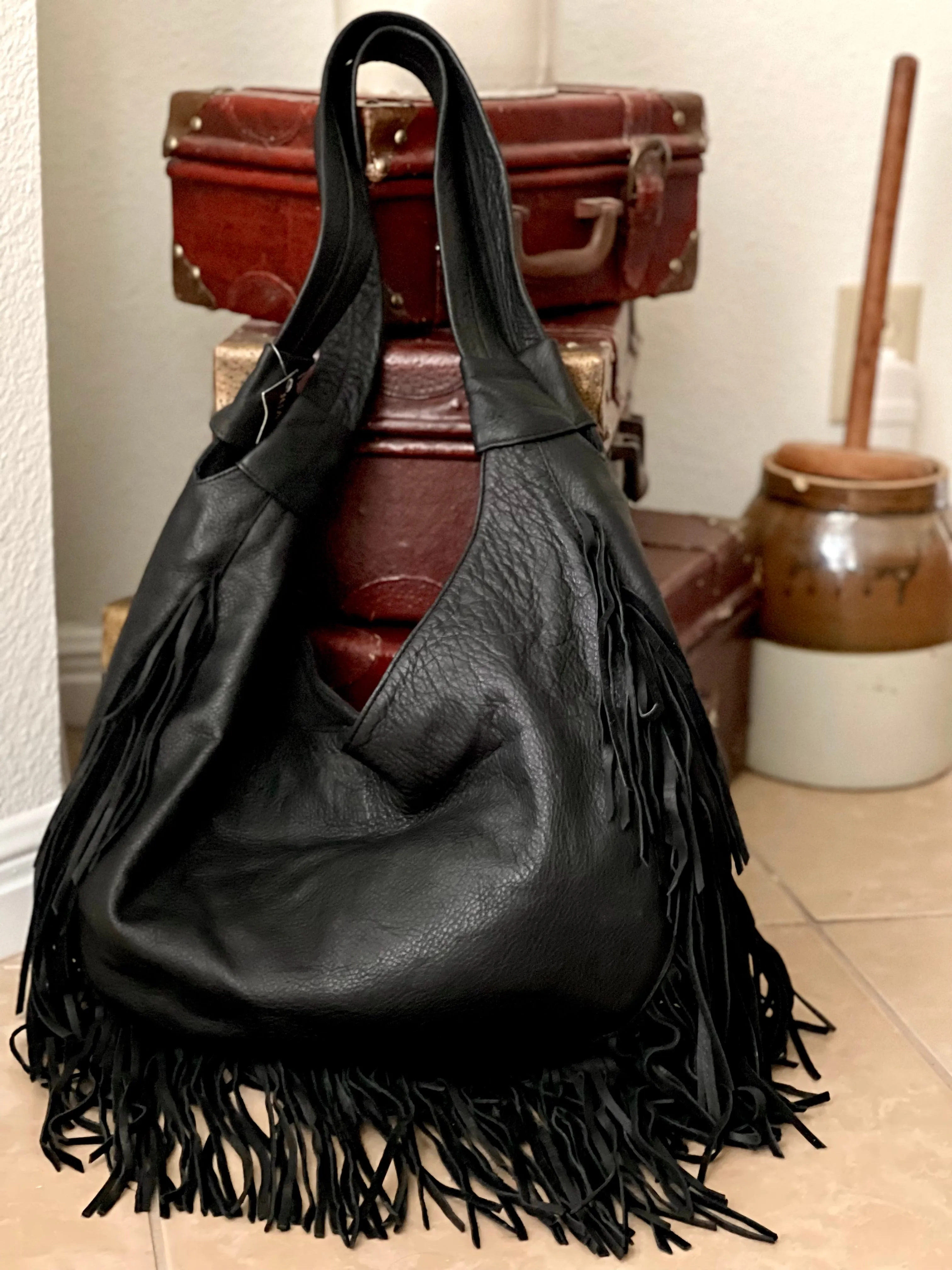 Double-Strap Black Leather Fringe Shoulder Bag