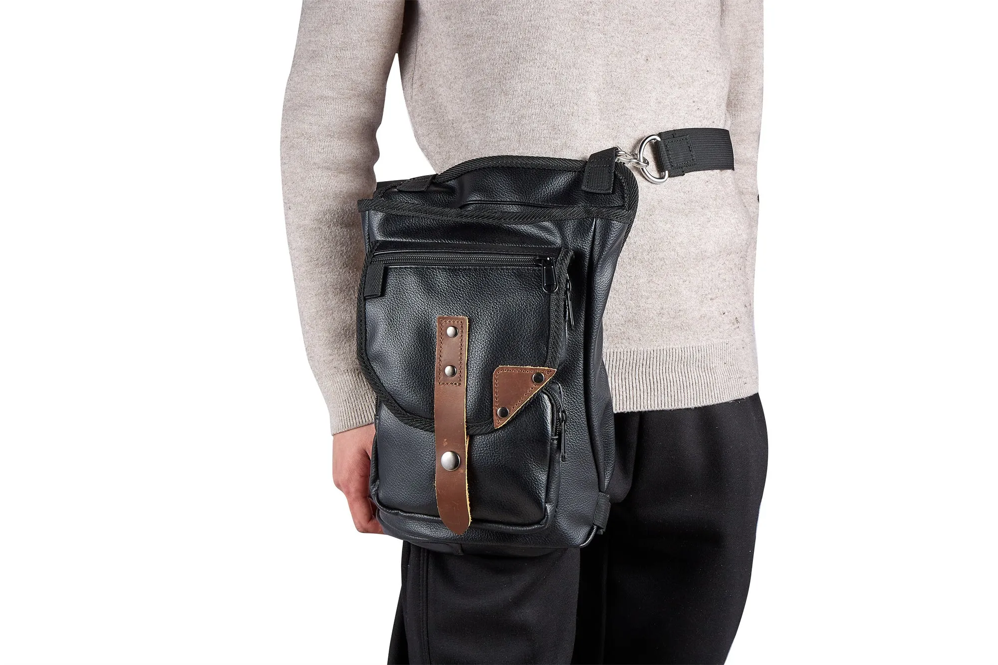 Dream Apparel Black Thigh Bag, Brown Strap, Gun Pocket Leg Bag