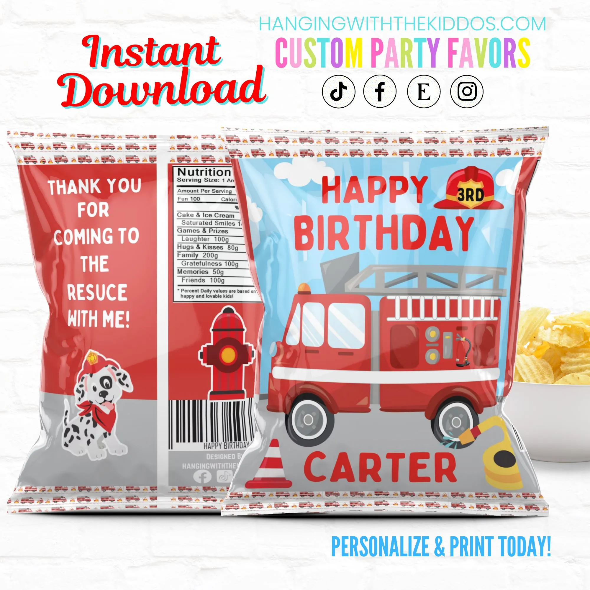 Fire Truck Firefighter Birthday Party Favor Personalized Chip Bags Instant Download