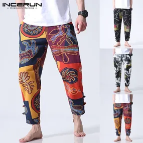 Floral Cotton Men Pants Casual Wide Legs Pants Loose Fitness Pants Baggy Button Ankle-Length Trousers Ethnic Style