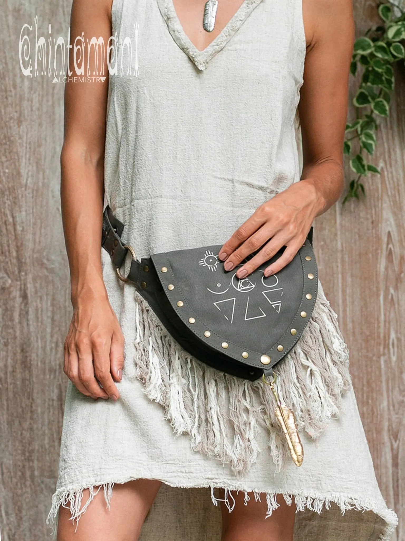 Fringe Cotton Canvas Vegan Waist Bag / Pocket Belt / Dark Gray