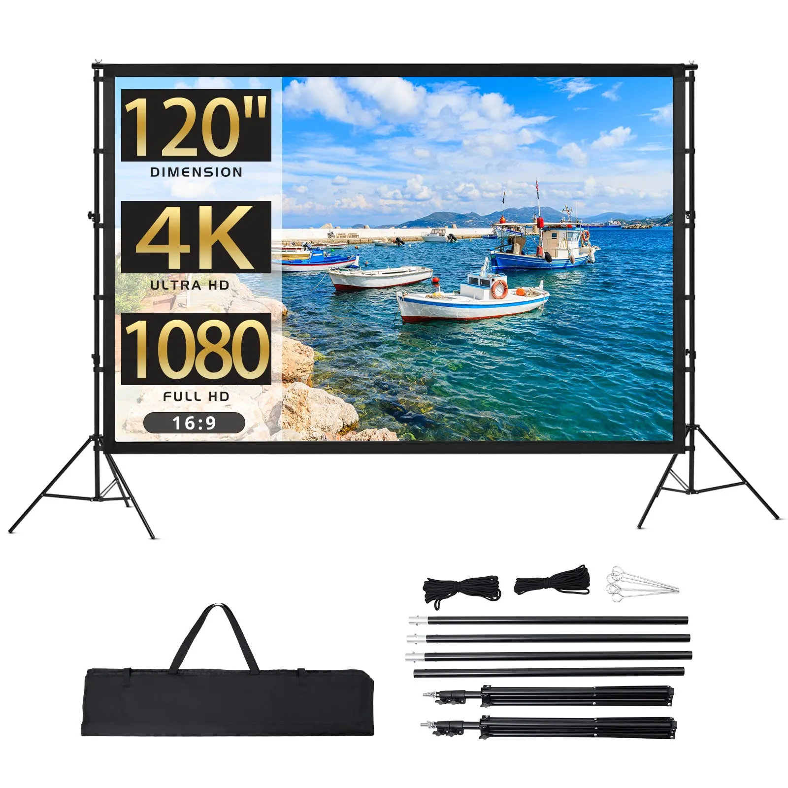 GARVEE Projector Screen With Stand 120 Inch 16:9 4K HD Rear & Front Projections Movies Screen With Carry Bag