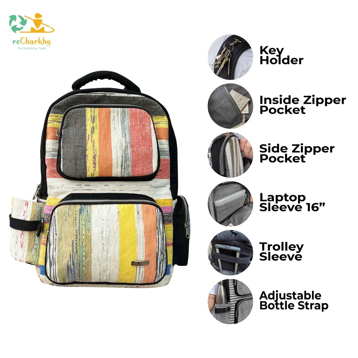 Golden Shimmery White Striped Upcycled Handwoven Commuter Backpack (CBP0824-010) PS_W