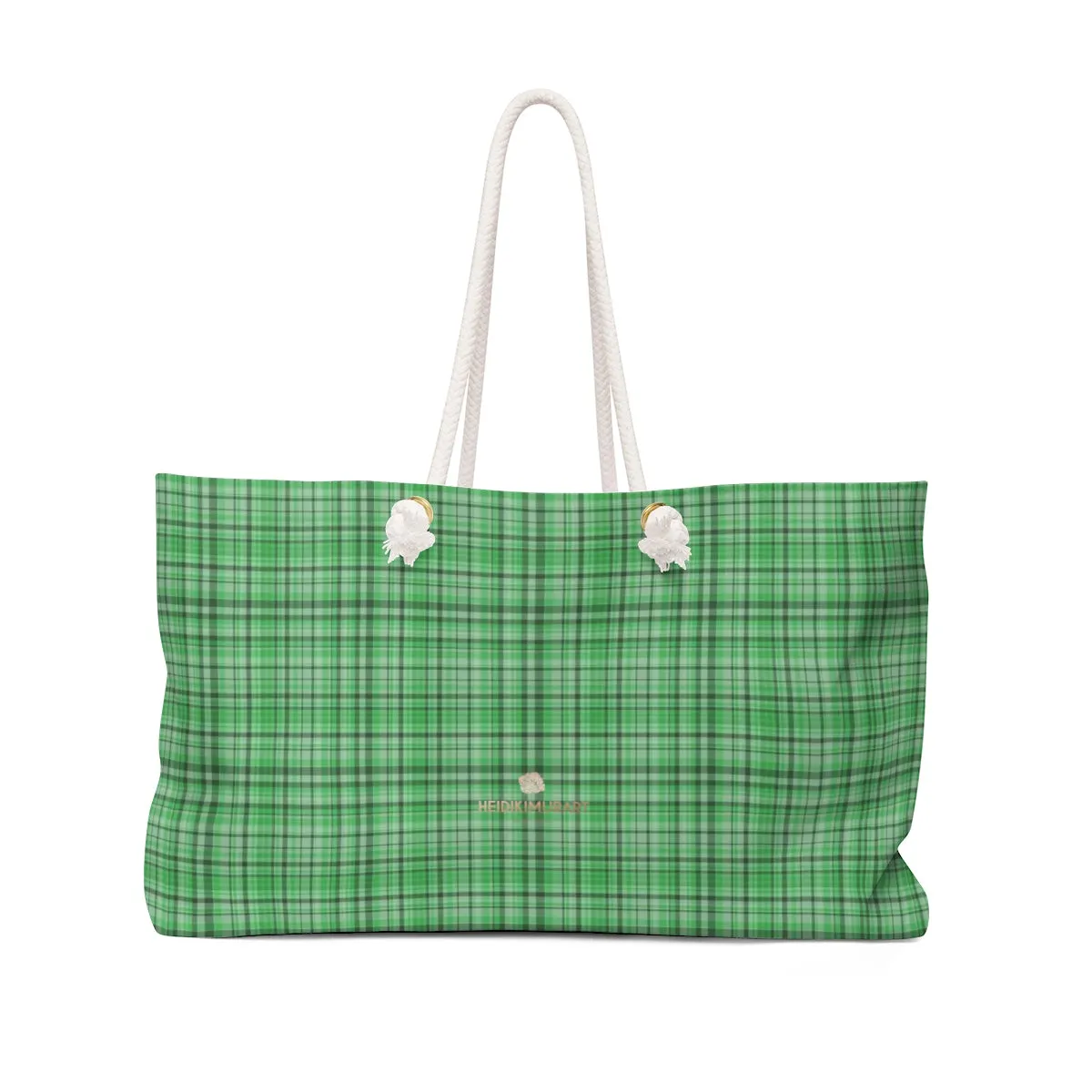 Green Plaid Print Tote Bag, Tartan Print Oversized Designer 24"x13" Large Weekender Bag