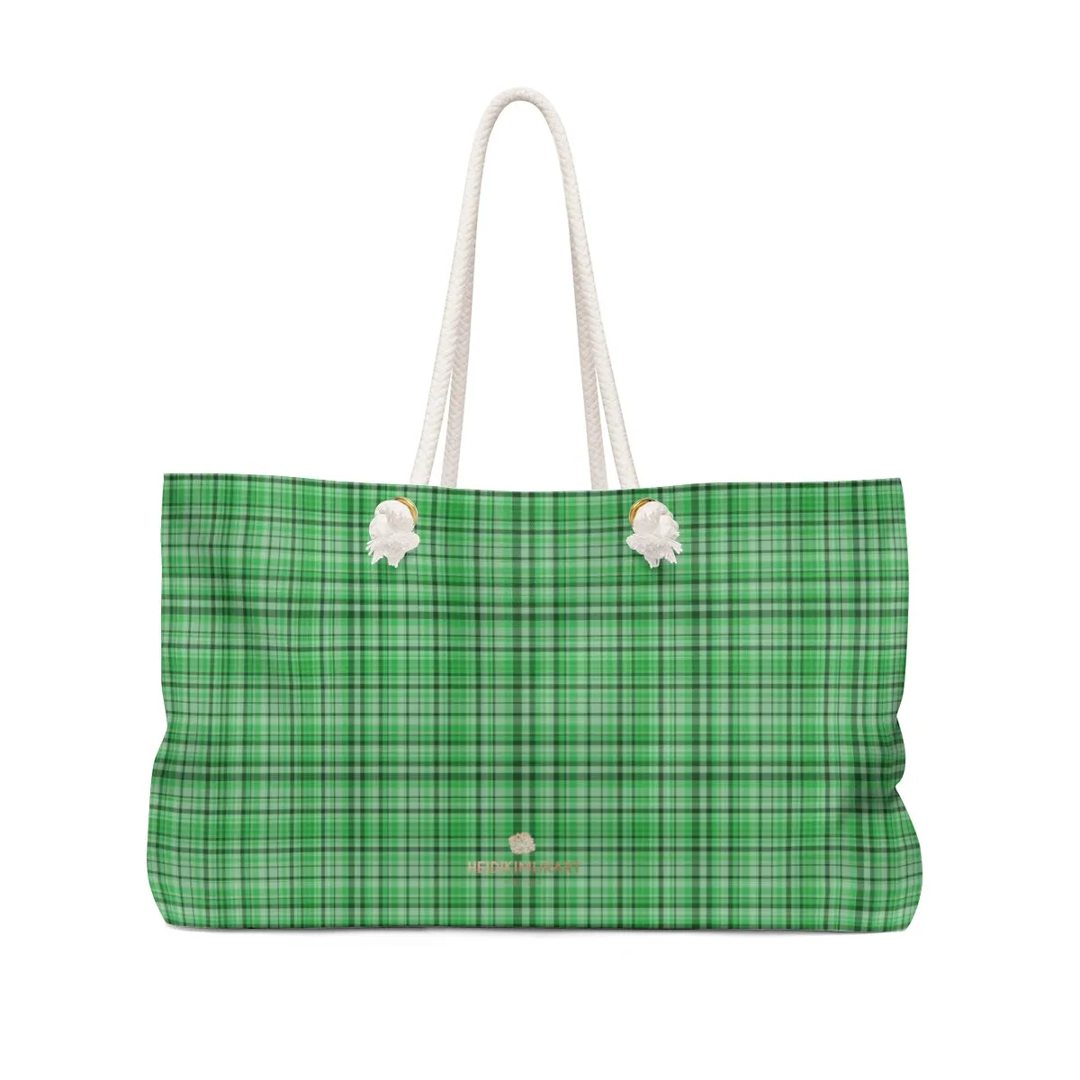 Green Plaid Print Tote Bag, Tartan Print Oversized Designer 24"x13" Large Weekender Bag