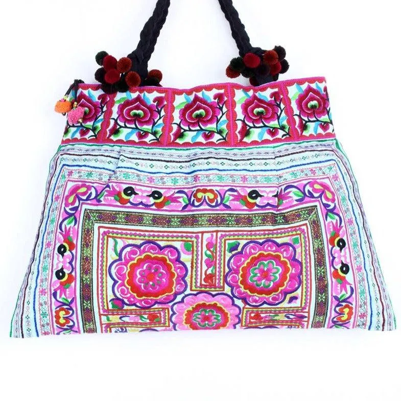 Handcrafted Boho Style Pompom Tote Bag - Thailand