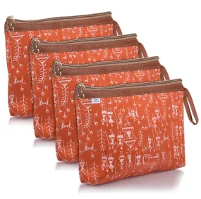 Heart Home Toiletry Pouch|Warli Print Travel Cosmetic Pouch|Canvas Waterproof Makeup Pouch with Handle|Pack of 4 (Orange)