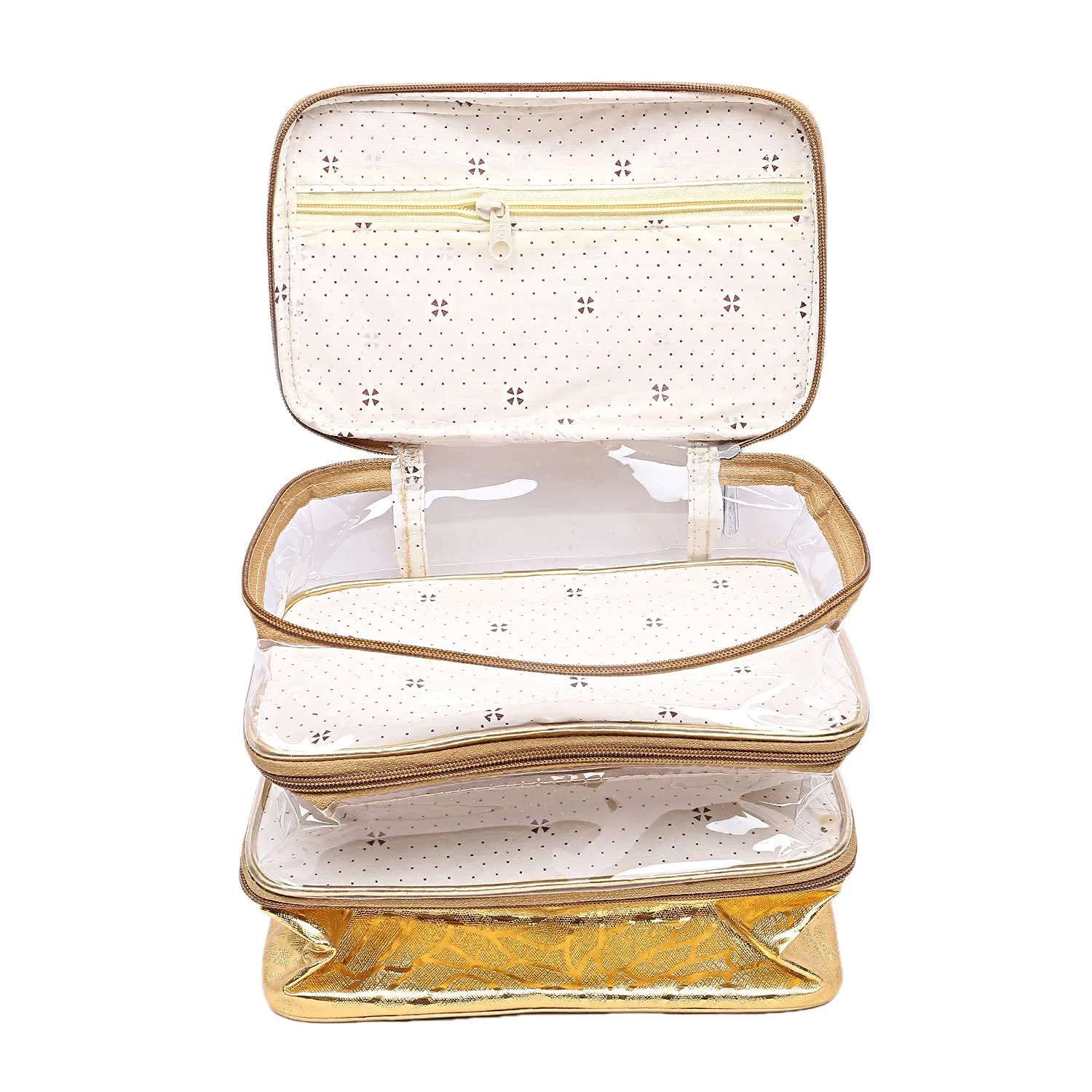 Kuber Industries 3 Layer Cosmetic Bag Travel Toiletry Cosmetic Makeup Bag Organizer-Pack of 2 (Gold)