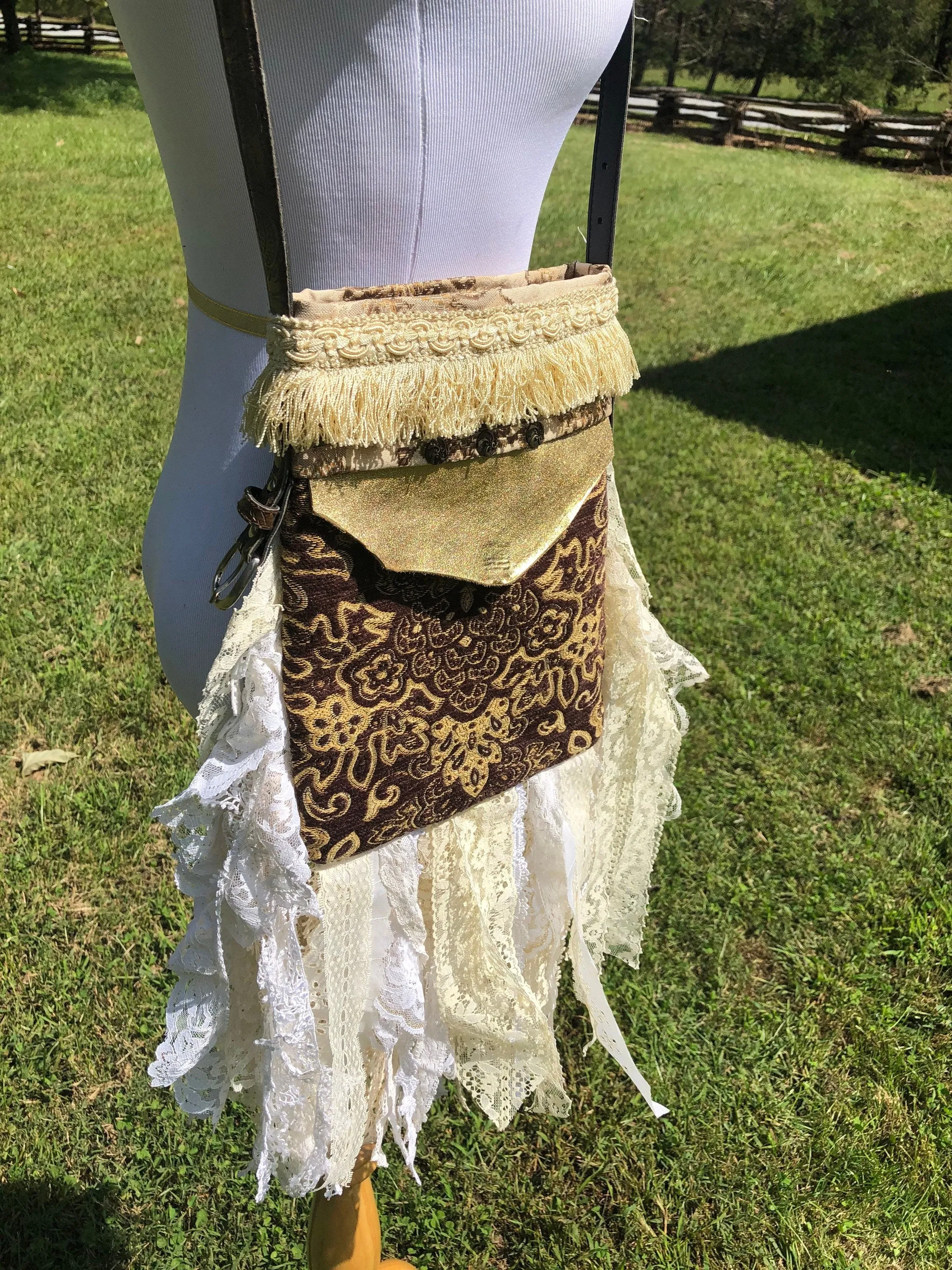 Lace Mini Festival Fringe Bag, Hippie Handbag, Boho Chic bag, Steampunk Purse, Carpet Bag, Crossbody Messenger, Embellished purse