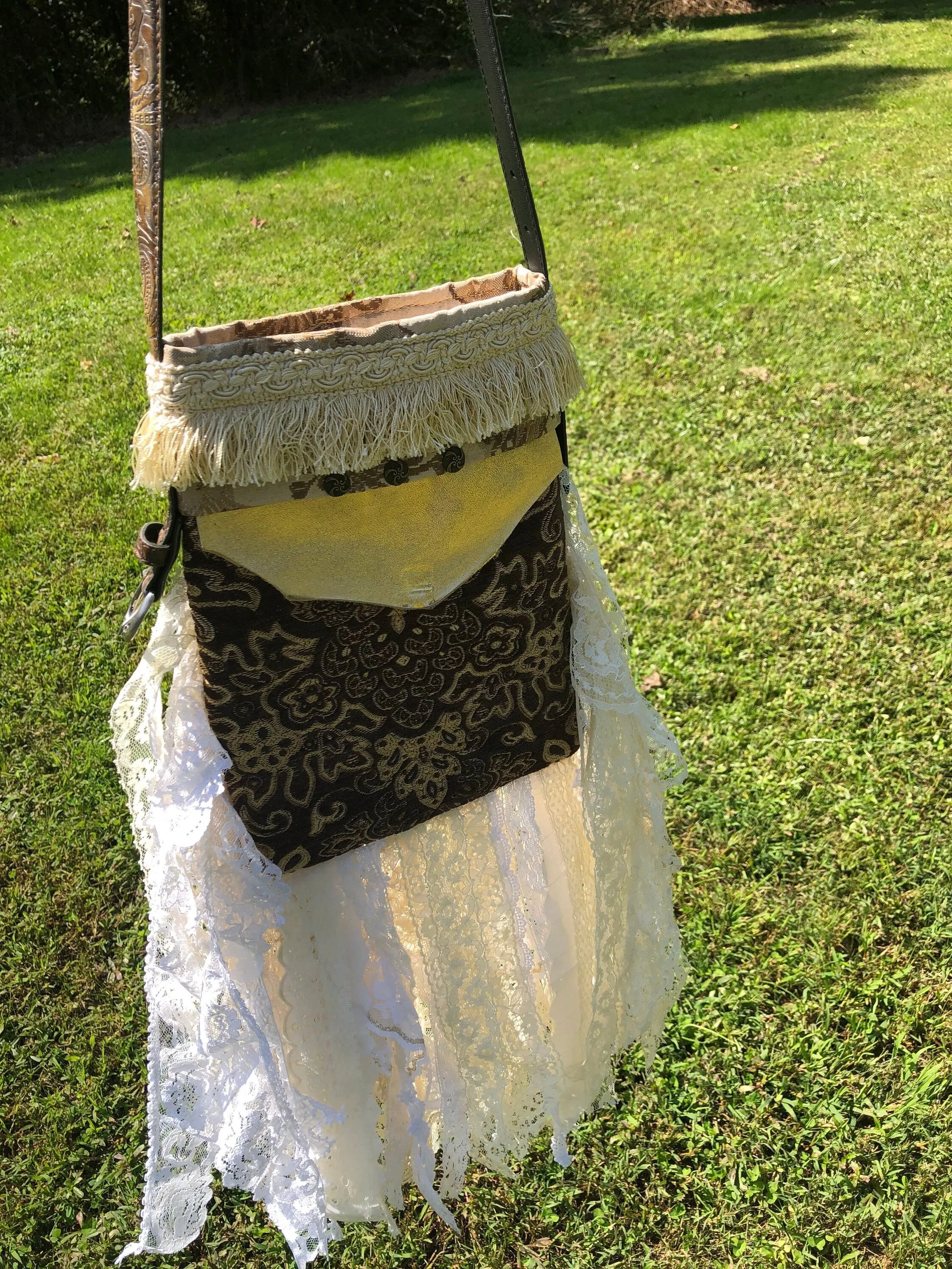 Lace Mini Festival Fringe Bag, Hippie Handbag, Boho Chic bag, Steampunk Purse, Carpet Bag, Crossbody Messenger, Embellished purse