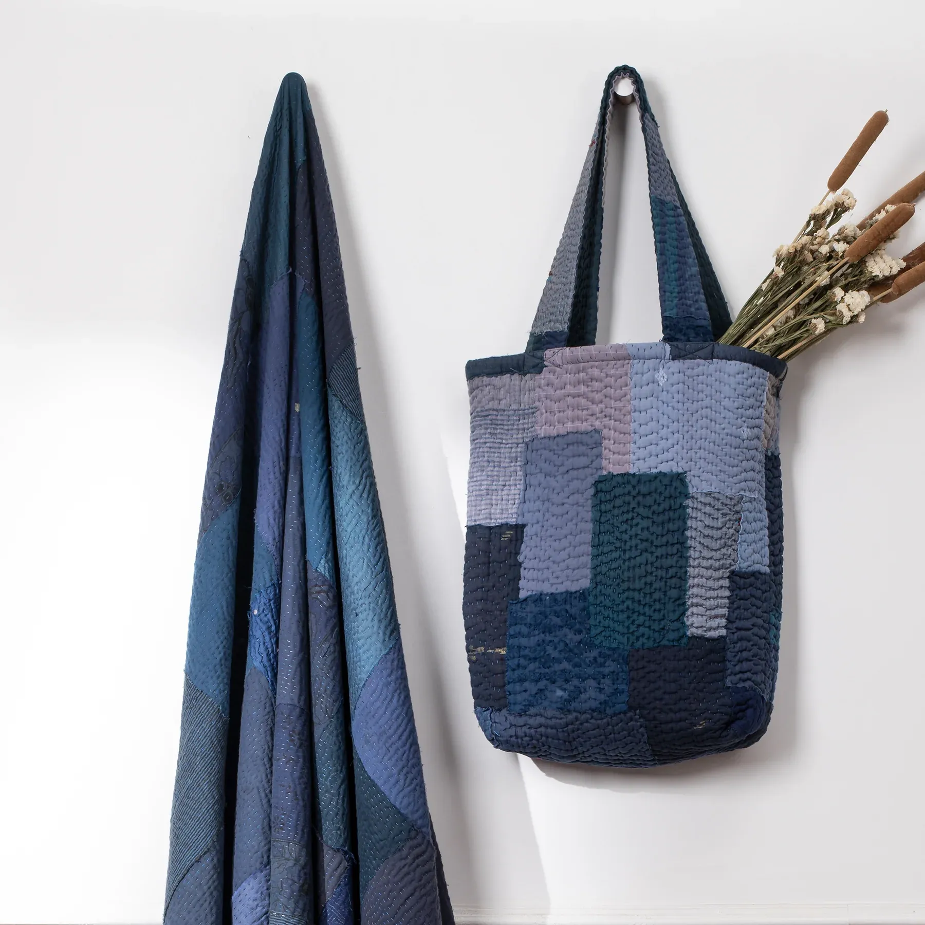 Landscape Handmade Vintage Kantha Tote Bag -Navy -