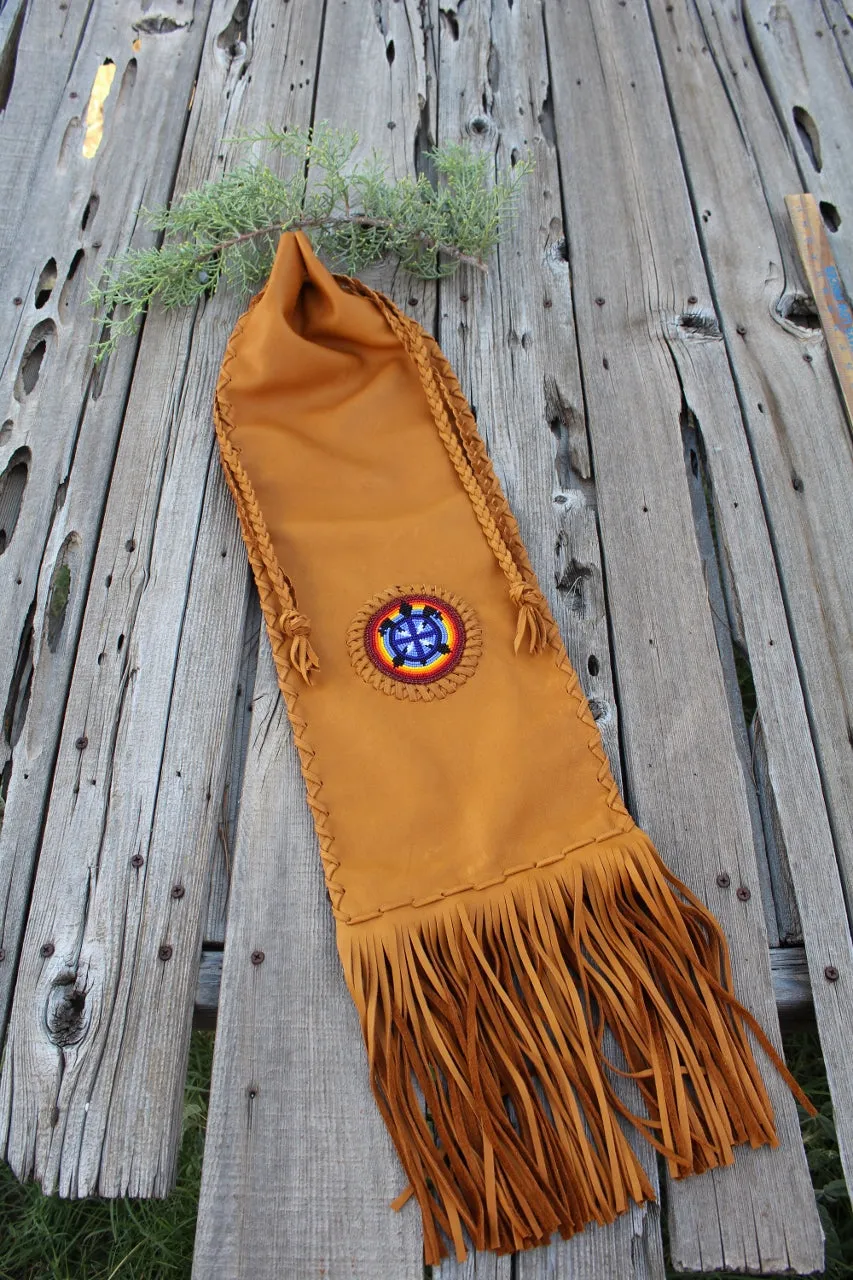 Leather pipe bag with beaded turtle , fringed chanupa bag