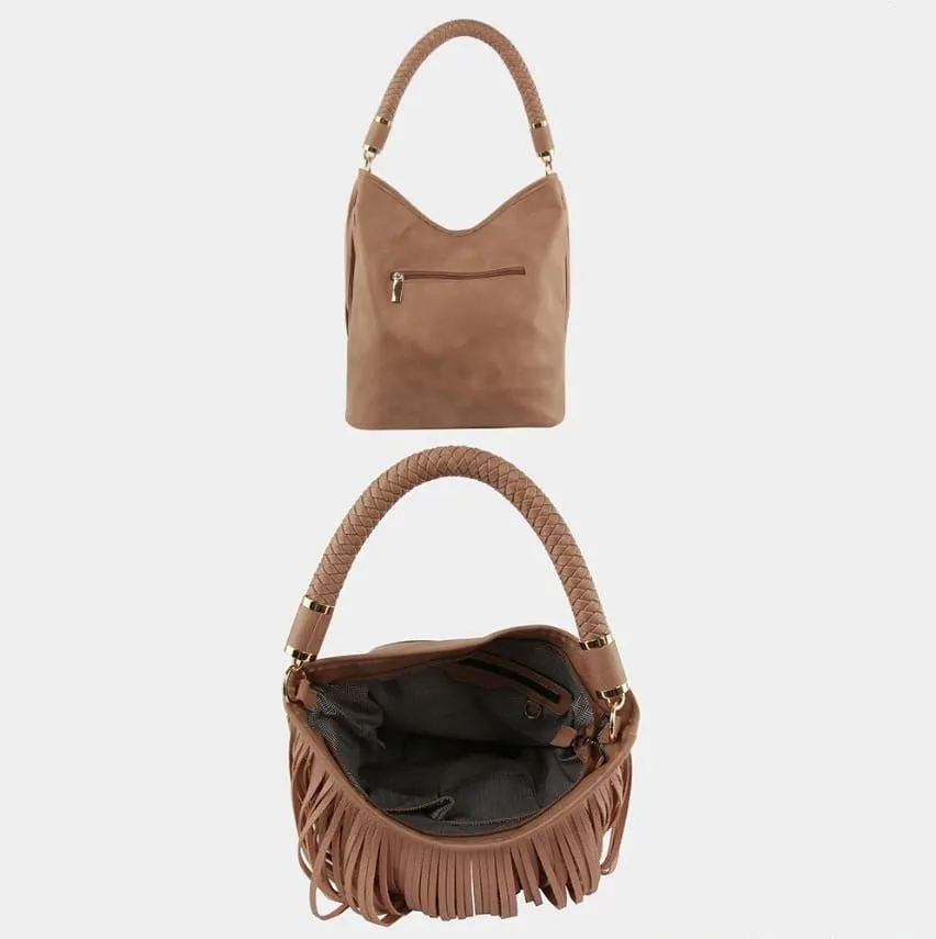 LHU465-1W Braided Rope Handle Fringe Hobo Bag