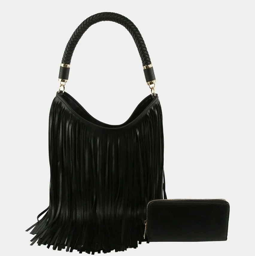 LHU465-1W Braided Rope Handle Fringe Hobo Bag