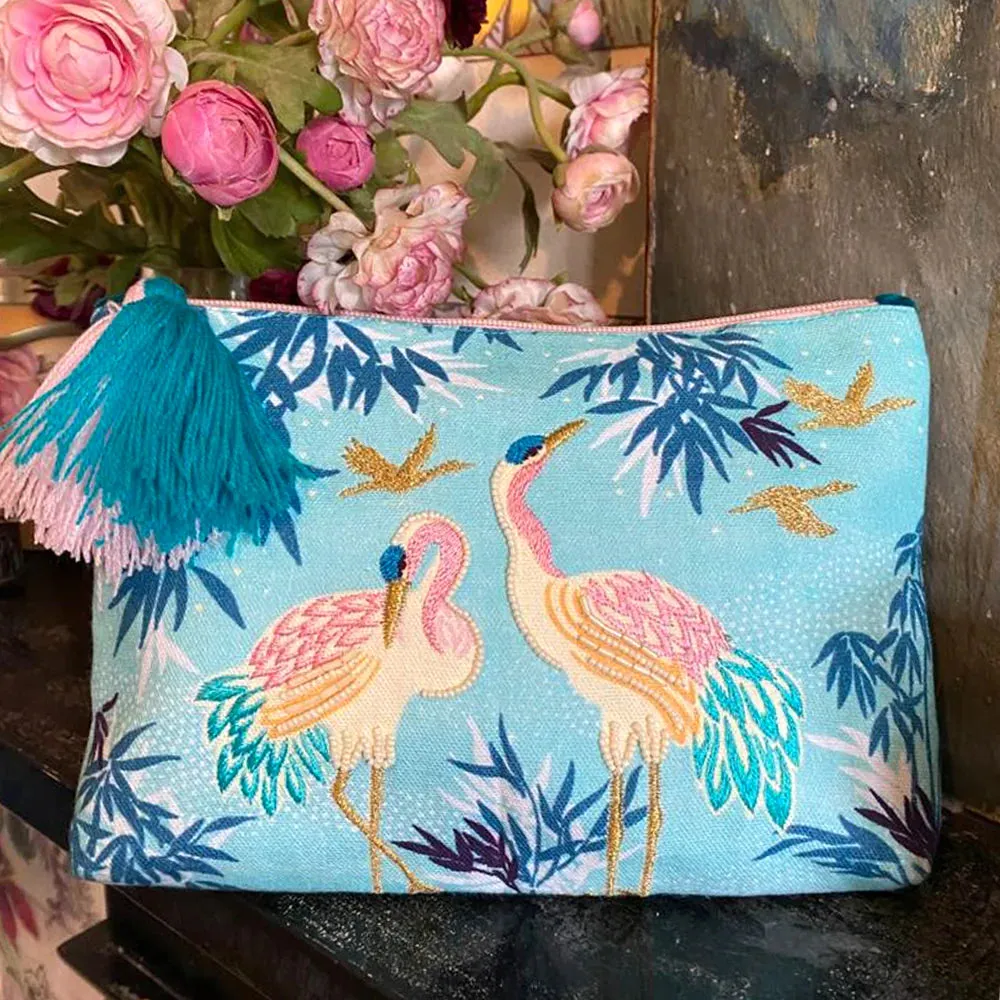 Luxe Embroidered Crane Make Up Pouch