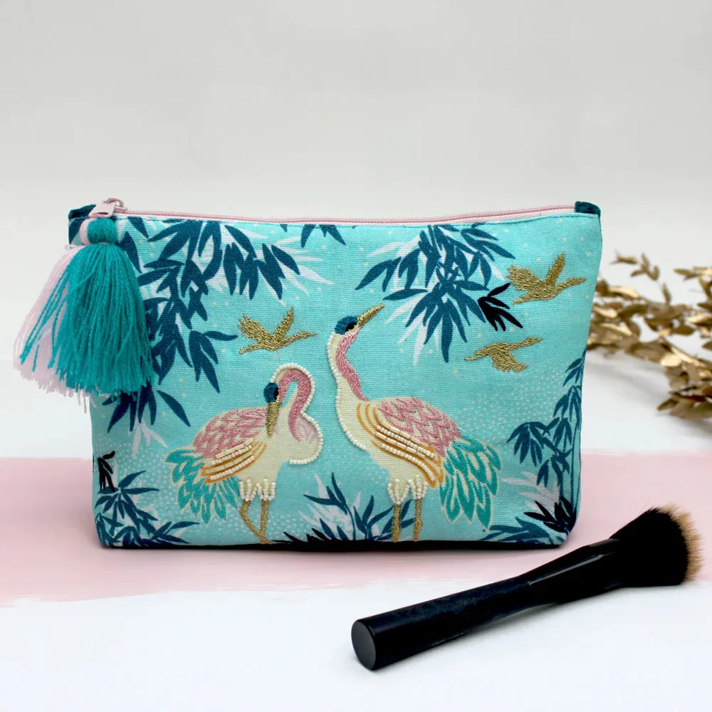 Luxe Embroidered Crane Make Up Pouch