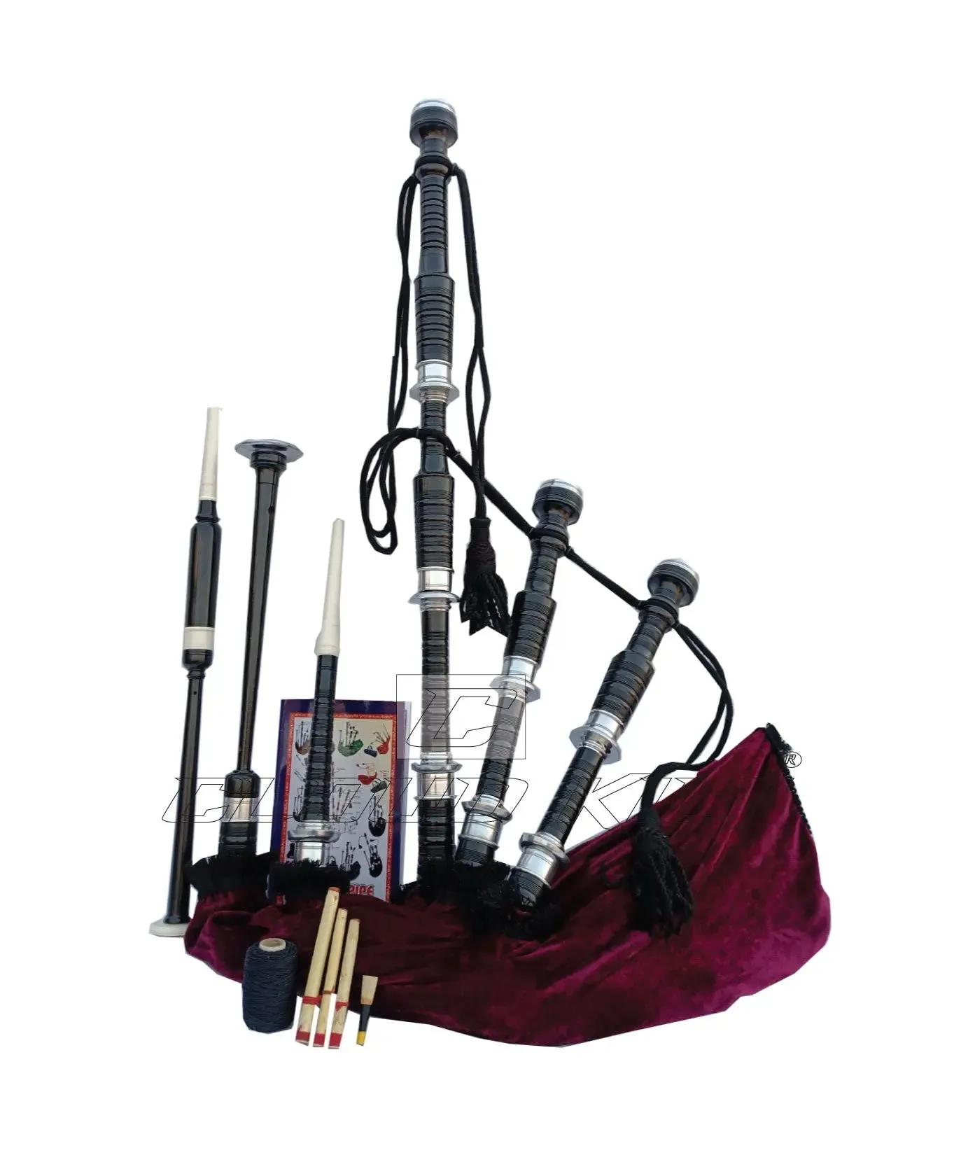 Maroon Velvet Bagpipe Set Silver & Black Finish With Hard Case