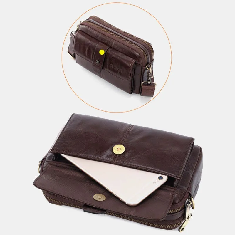 Men Genuine Leather Multi-function Retro Shoulder Bag Waist Cross Body