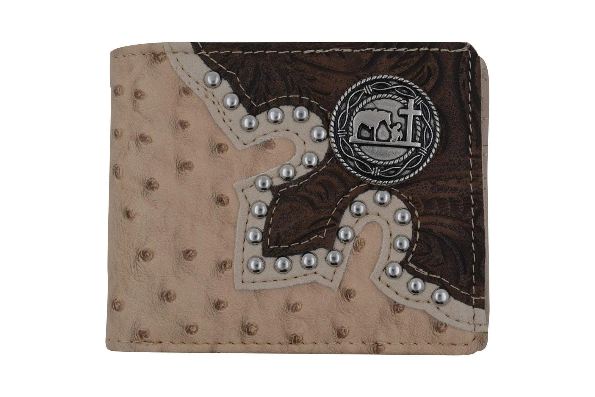 Mens Western Bifold Style Cross Praying Cowboy Ostrich Beige Wallet W041-27-OSTRICH-BG (C)