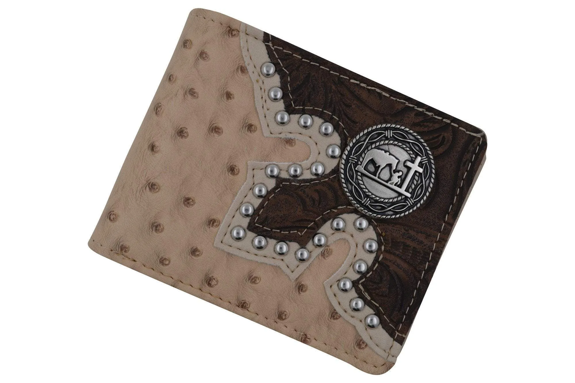 Mens Western Bifold Style Cross Praying Cowboy Ostrich Beige Wallet W041-27-OSTRICH-BG (C)